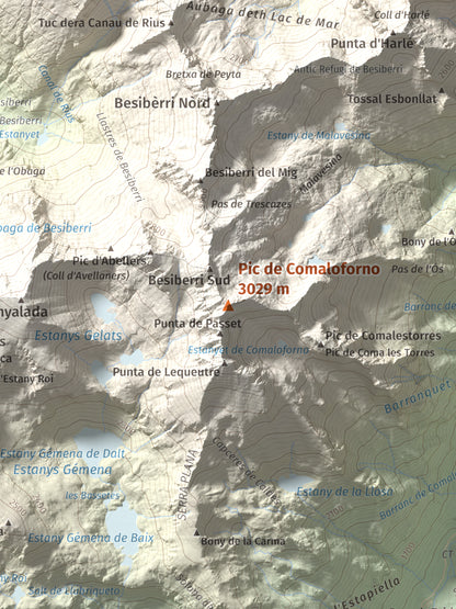Mapa de relieve de Pic de Comaloforno, 3029 m, Alta Ribagorça, lámina 100 Cims de Trobart. Detalle de la zona central. 30 × 40 cm.