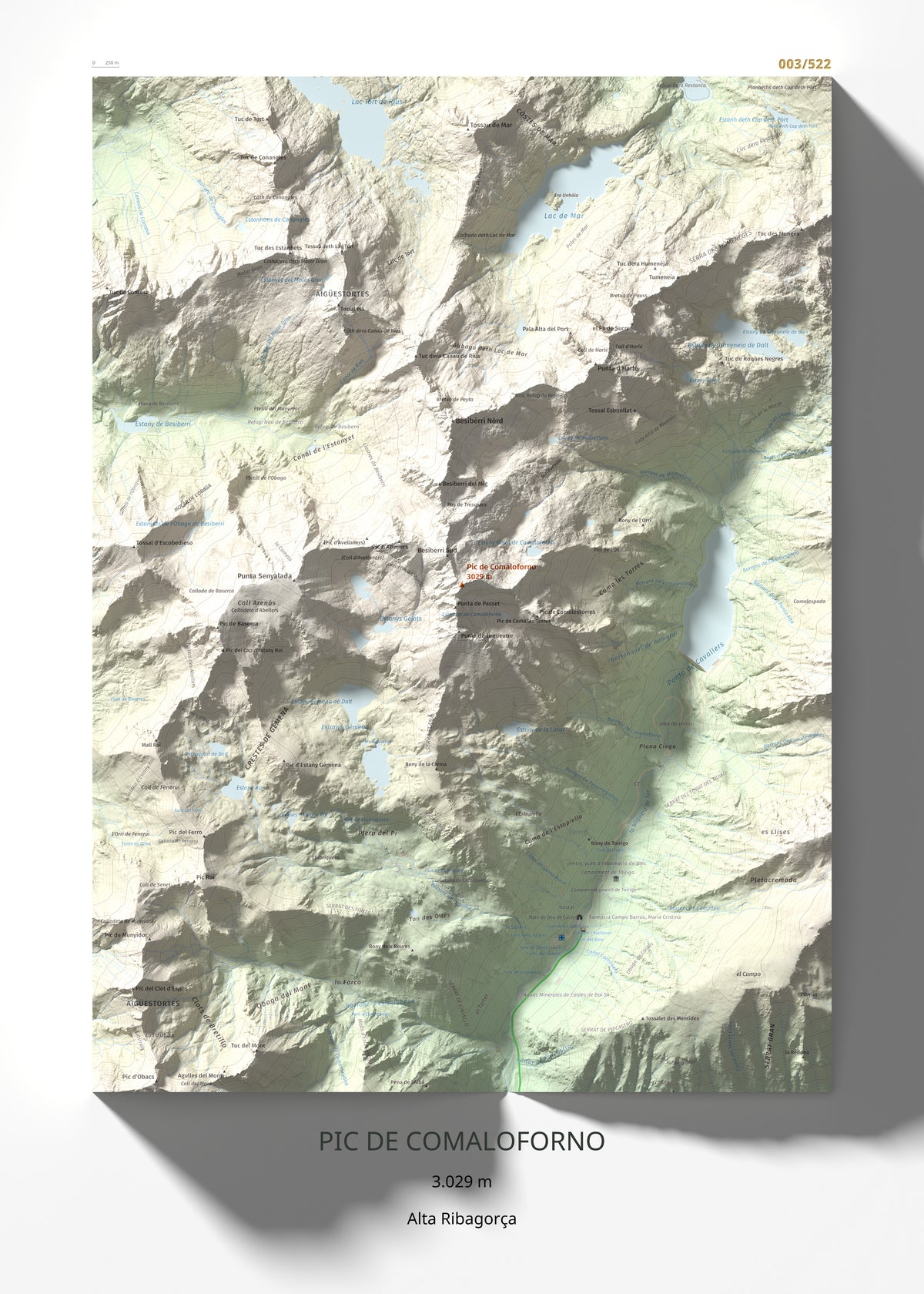 Mapa de relieve de Pic de Comaloforno, 3029 m, Alta Ribagorça, lámina 100 Cims de Trobart 50 × 70 cm.