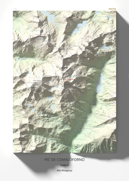 Mapa de relieve de Pic de Comaloforno, 3029 m, Alta Ribagorça, lámina 100 Cims de Trobart 50 × 70 cm.