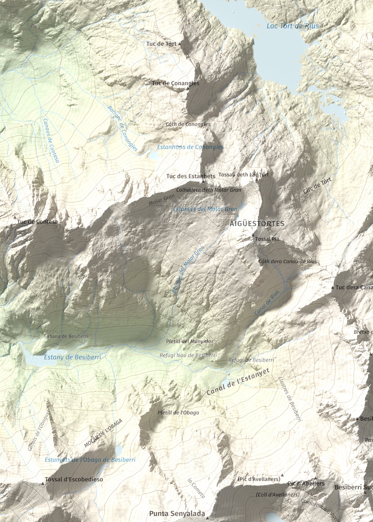 Mapa de relieve de Pic de Comaloforno, 3029 m, Alta Ribagorça, lámina 100 Cims de Trobart. Detalle de la zona superior izquierda. 50 × 70 cm.