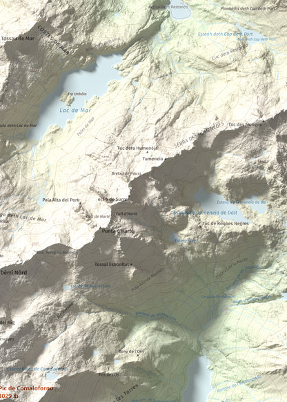 Mapa de relieve de Pic de Comaloforno, 3029 m, Alta Ribagorça, lámina 100 Cims de Trobart. Detalle de la zona superior derecha. 50 × 70 cm.