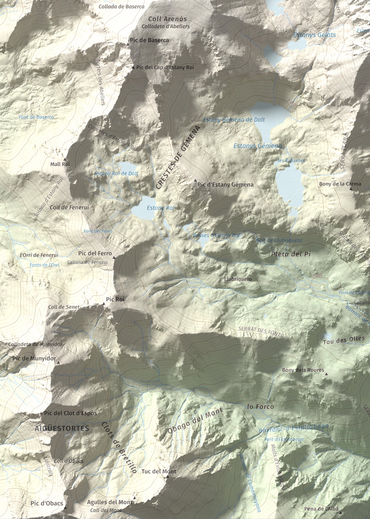 Mapa de relieve de Pic de Comaloforno, 3029 m, Alta Ribagorça, lámina 100 Cims de Trobart. Detalle de la zona inferior izquierda. 50 × 70 cm.