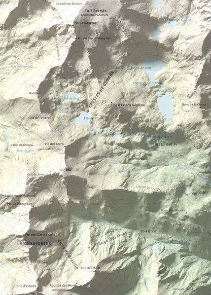 Mapa de relieve de Pic de Comaloforno, 3029 m, Alta Ribagorça, lámina 100 Cims de Trobart. Detalle de la zona inferior izquierda. 50 × 70 cm.