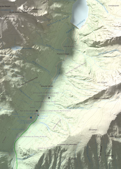 Mapa de relieve de Pic de Comaloforno, 3029 m, Alta Ribagorça, lámina 100 Cims de Trobart. Detalle de la zona inferior derecha. 50 × 70 cm.