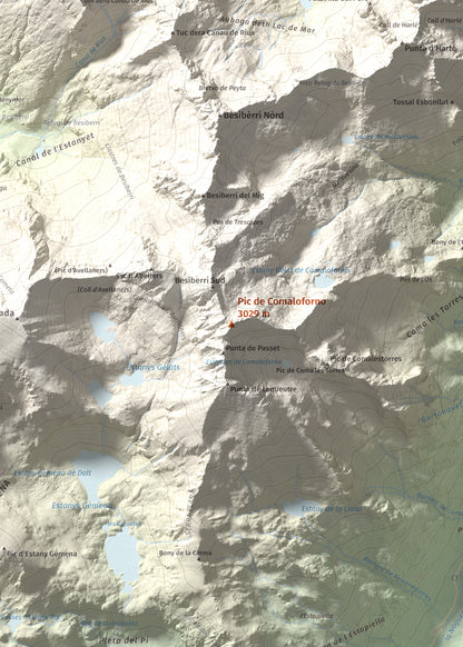 Mapa de relieve de Pic de Comaloforno, 3029 m, Alta Ribagorça, lámina 100 Cims de Trobart. Detalle de la zona central. 50 × 70 cm.