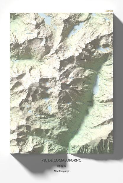 Mapa de relieve de Pic de Comaloforno, 3029 m, Alta Ribagorça, lámina 100 Cims de Trobart 61 × 91 cm.
