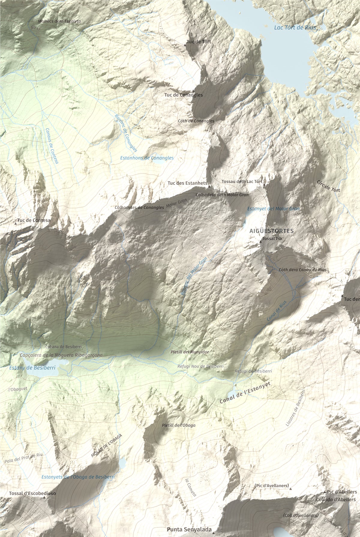 Mapa de relieve de Pic de Comaloforno, 3029 m, Alta Ribagorça, lámina 100 Cims de Trobart. Detalle de la zona superior izquierda. 61 × 91 cm.