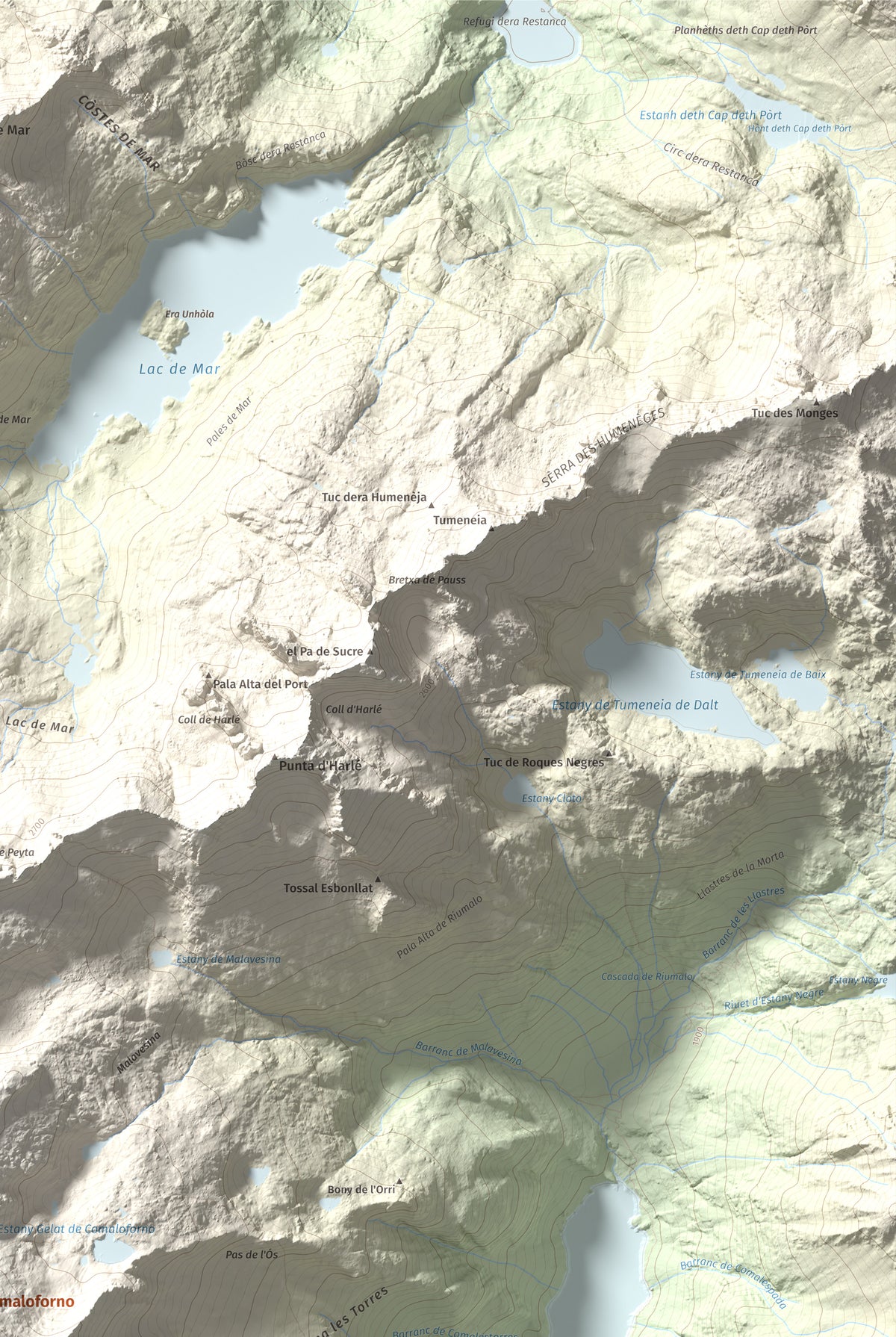 Mapa de relieve de Pic de Comaloforno, 3029 m, Alta Ribagorça, lámina 100 Cims de Trobart. Detalle de la zona superior derecha. 61 × 91 cm.