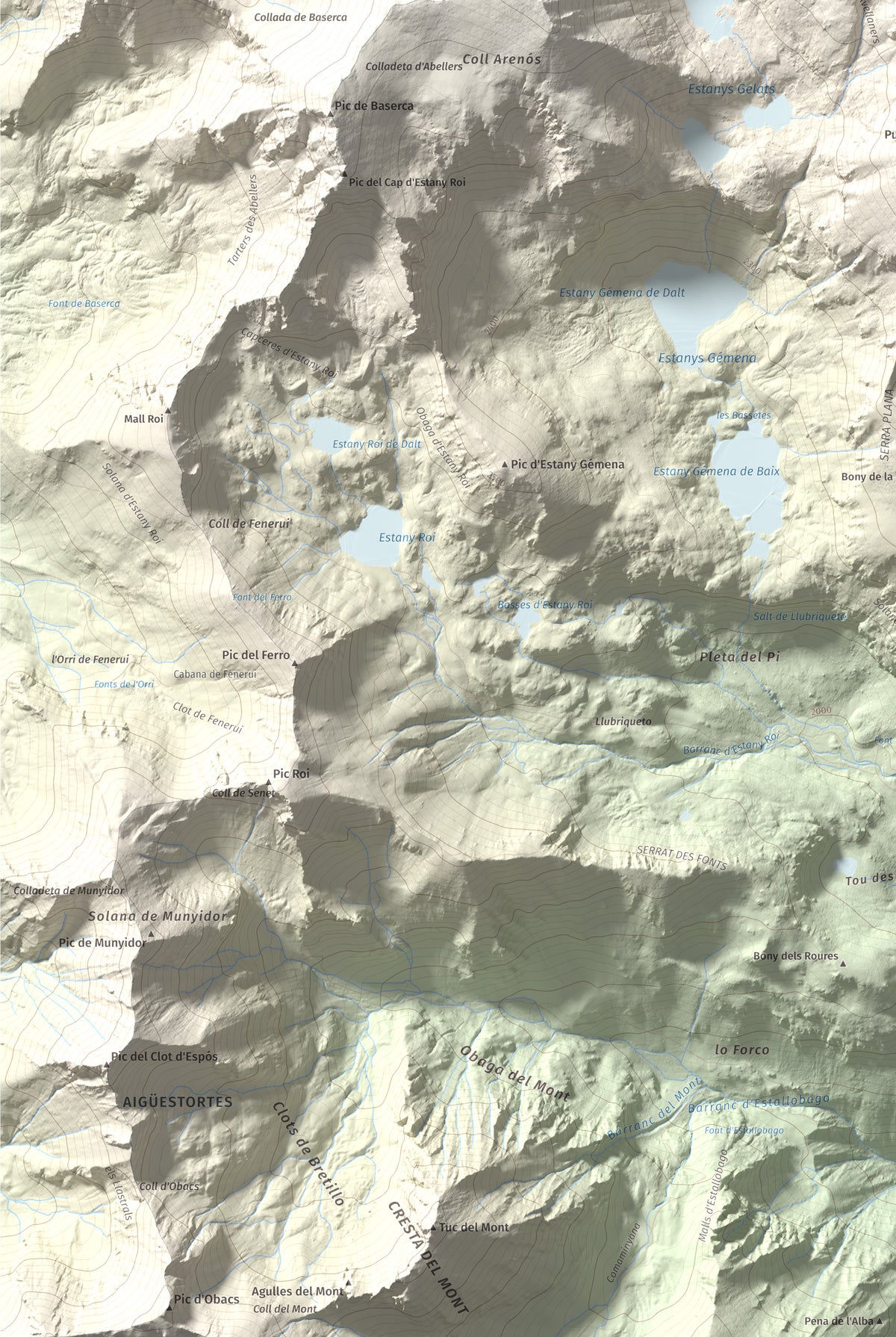 Mapa de relieve de Pic de Comaloforno, 3029 m, Alta Ribagorça, lámina 100 Cims de Trobart. Detalle de la zona inferior izquierda. 61 × 91 cm.