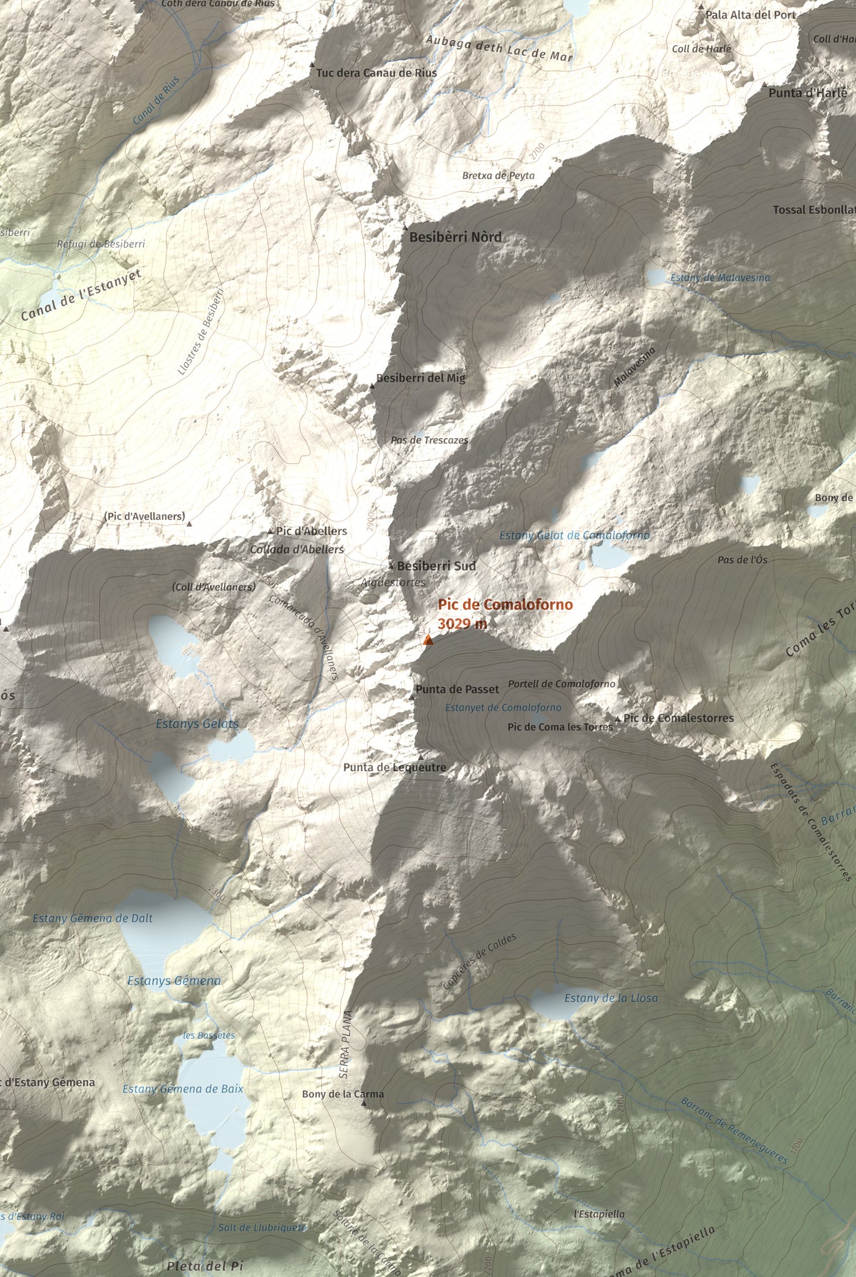 Mapa de relieve de Pic de Comaloforno, 3029 m, Alta Ribagorça, lámina 100 Cims de Trobart. Detalle de la zona central. 61 × 91 cm.