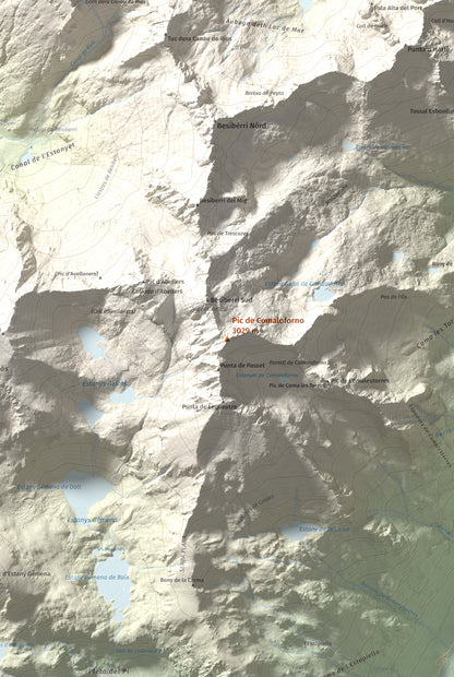 Mapa de relieve de Pic de Comaloforno, 3029 m, Alta Ribagorça, lámina 100 Cims de Trobart. Detalle de la zona central. 61 × 91 cm.