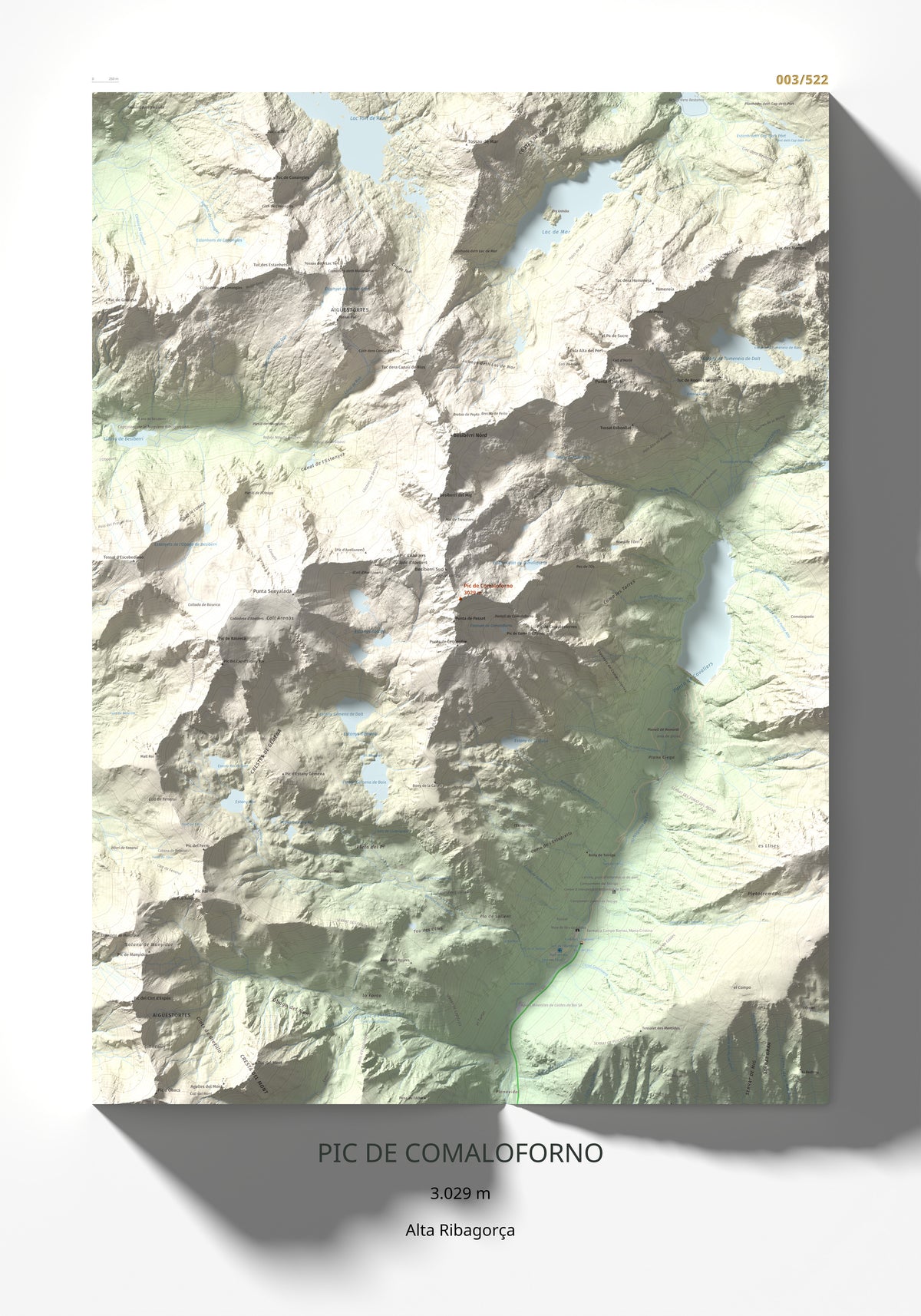 Mapa de relieve de Pic de Comaloforno, 3029 m, Alta Ribagorça, lámina 100 Cims de Trobart 70 × 100 cm.