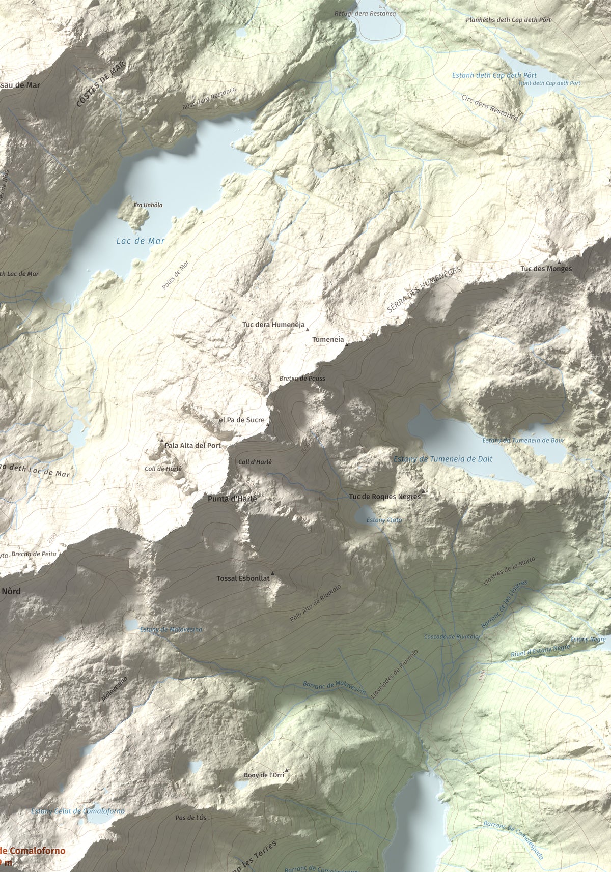 Mapa de relieve de Pic de Comaloforno, 3029 m, Alta Ribagorça, lámina 100 Cims de Trobart. Detalle de la zona superior derecha. 70 × 100 cm.