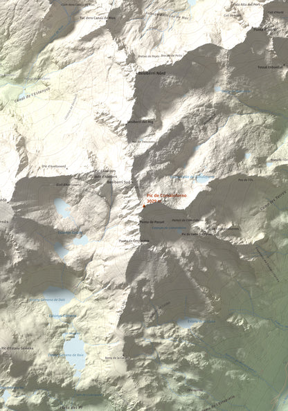 Mapa de relieve de Pic de Comaloforno, 3029 m, Alta Ribagorça, lámina 100 Cims de Trobart. Detalle de la zona central. 70 × 100 cm.
