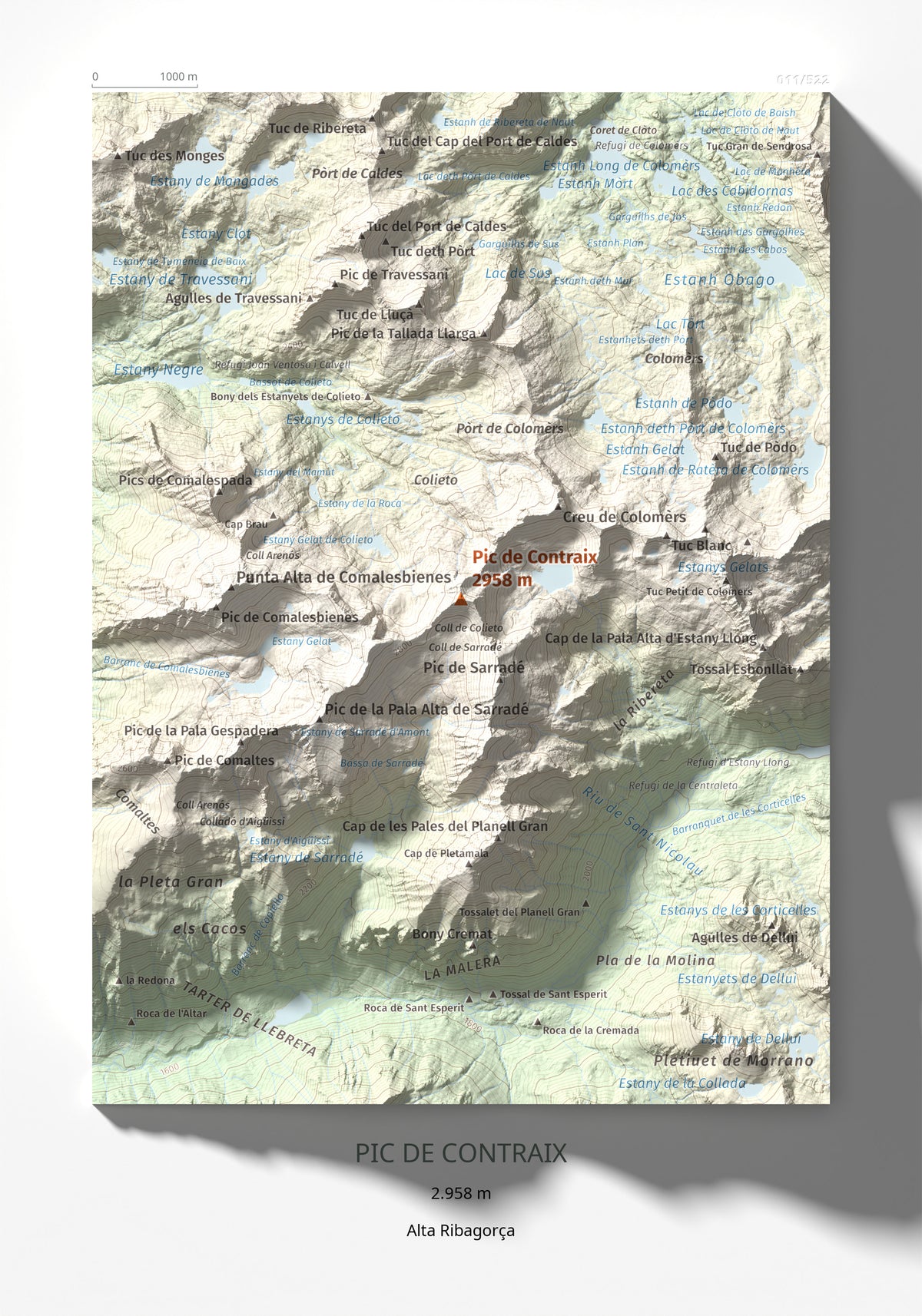 Mapa de relieve de Pic de Contraix, 2958 m, Alta Ribagorça, lámina 100 Cims de Trobart 21 × 30 cm.