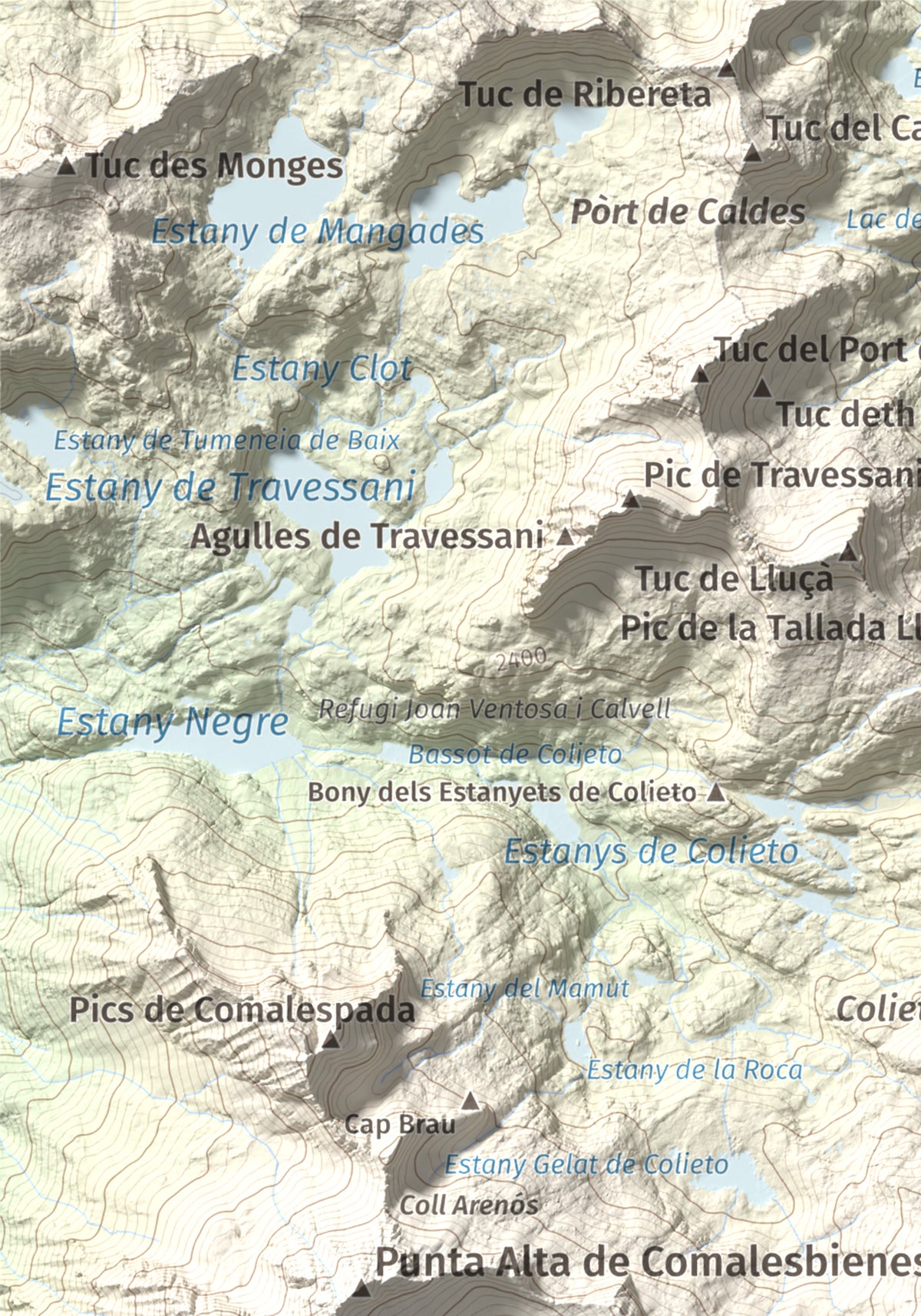Mapa de relieve de Pic de Contraix, 2958 m, Alta Ribagorça, lámina 100 Cims de Trobart. Detalle de la zona superior izquierda. 21 × 30 cm.