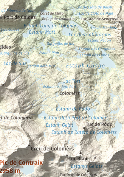 Mapa de relieve de Pic de Contraix, 2958 m, Alta Ribagorça, lámina 100 Cims de Trobart. Detalle de la zona superior derecha. 21 × 30 cm.