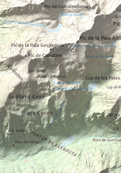 Mapa de relieve de Pic de Contraix, 2958 m, Alta Ribagorça, lámina 100 Cims de Trobart. Detalle de la zona inferior izquierda. 21 × 30 cm.