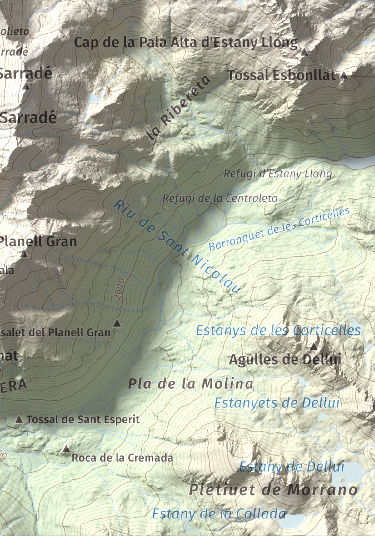 Mapa de relieve de Pic de Contraix, 2958 m, Alta Ribagorça, lámina 100 Cims de Trobart. Detalle de la zona inferior derecha. 21 × 30 cm.
