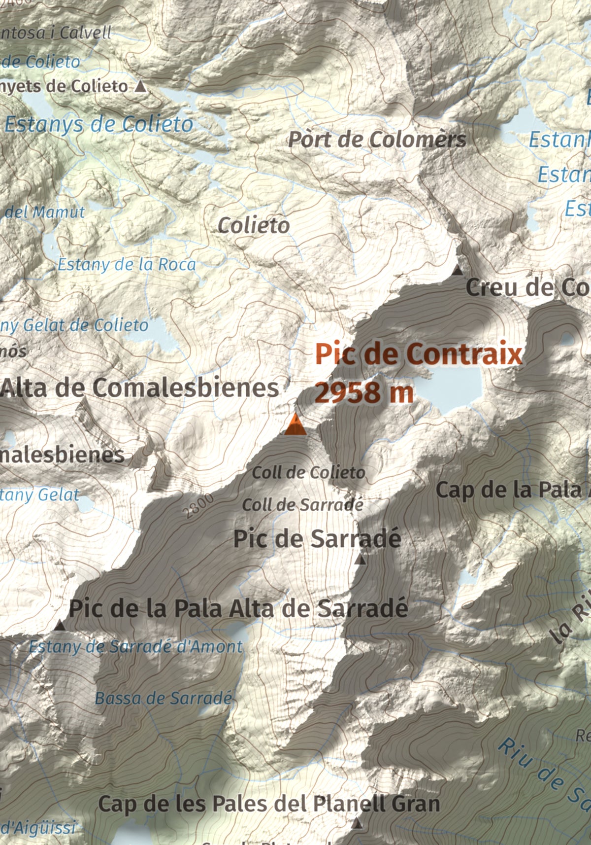 Mapa de relieve de Pic de Contraix, 2958 m, Alta Ribagorça, lámina 100 Cims de Trobart. Detalle de la zona central. 21 × 30 cm.