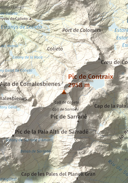 Mapa de relieve de Pic de Contraix, 2958 m, Alta Ribagorça, lámina 100 Cims de Trobart. Detalle de la zona central. 21 × 30 cm.