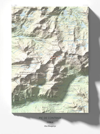 Mapa de relieve de Pic de Contraix, 2958 m, Alta Ribagorça, lámina 100 Cims de Trobart 30 × 40 cm.