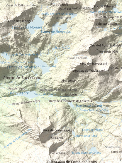 Mapa de relieve de Pic de Contraix, 2958 m, Alta Ribagorça, lámina 100 Cims de Trobart. Detalle de la zona superior izquierda. 30 × 40 cm.