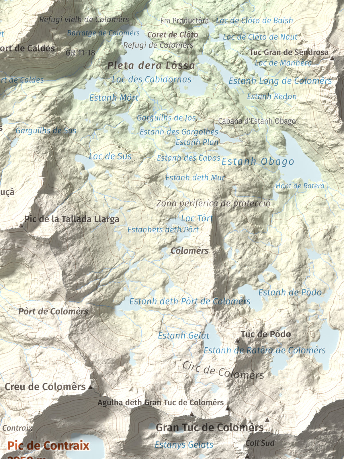 Mapa de relieve de Pic de Contraix, 2958 m, Alta Ribagorça, lámina 100 Cims de Trobart. Detalle de la zona superior derecha. 30 × 40 cm.