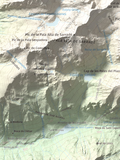 Mapa de relieve de Pic de Contraix, 2958 m, Alta Ribagorça, lámina 100 Cims de Trobart. Detalle de la zona inferior izquierda. 30 × 40 cm.