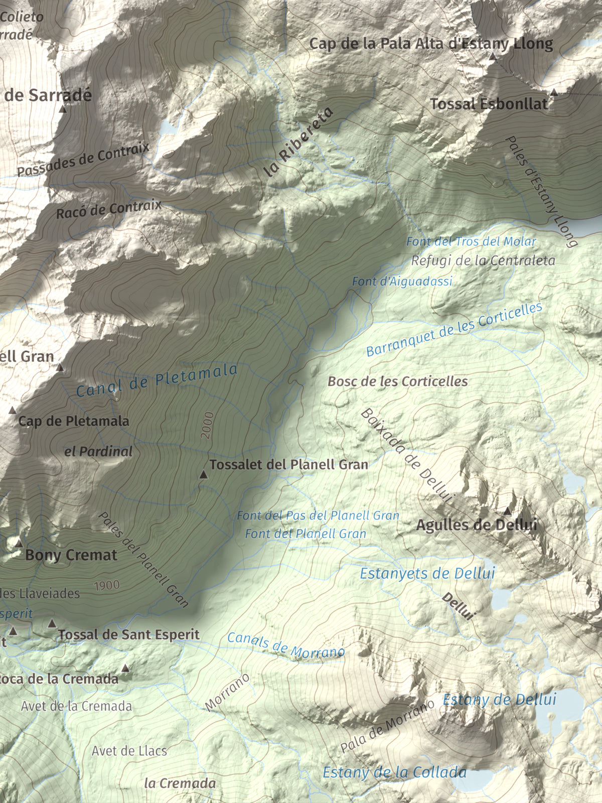Mapa de relieve de Pic de Contraix, 2958 m, Alta Ribagorça, lámina 100 Cims de Trobart. Detalle de la zona inferior derecha. 30 × 40 cm.