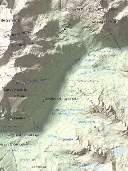 Mapa de relieve de Pic de Contraix, 2958 m, Alta Ribagorça, lámina 100 Cims de Trobart. Detalle de la zona inferior derecha. 30 × 40 cm.