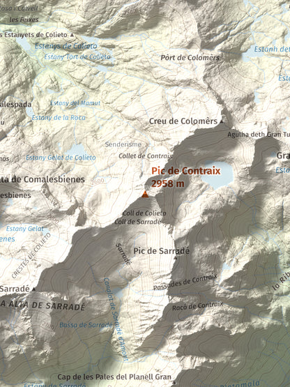 Mapa de relieve de Pic de Contraix, 2958 m, Alta Ribagorça, lámina 100 Cims de Trobart. Detalle de la zona central. 30 × 40 cm.