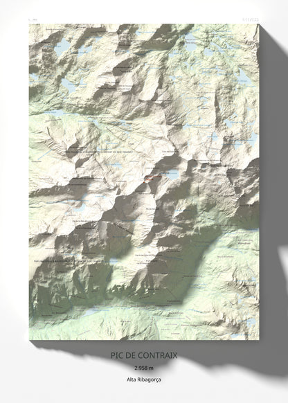 Mapa de relieve de Pic de Contraix, 2958 m, Alta Ribagorça, lámina 100 Cims de Trobart 50 × 70 cm.