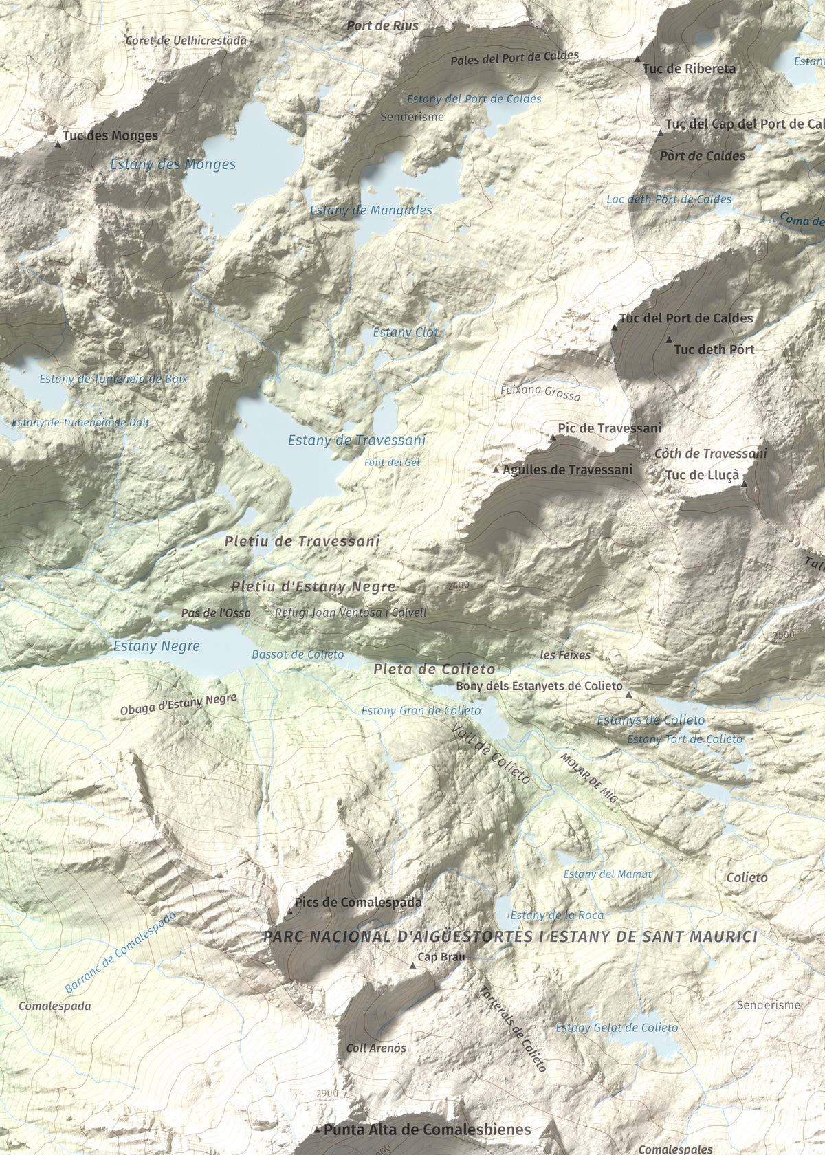 Mapa de relieve de Pic de Contraix, 2958 m, Alta Ribagorça, lámina 100 Cims de Trobart. Detalle de la zona superior izquierda. 50 × 70 cm.