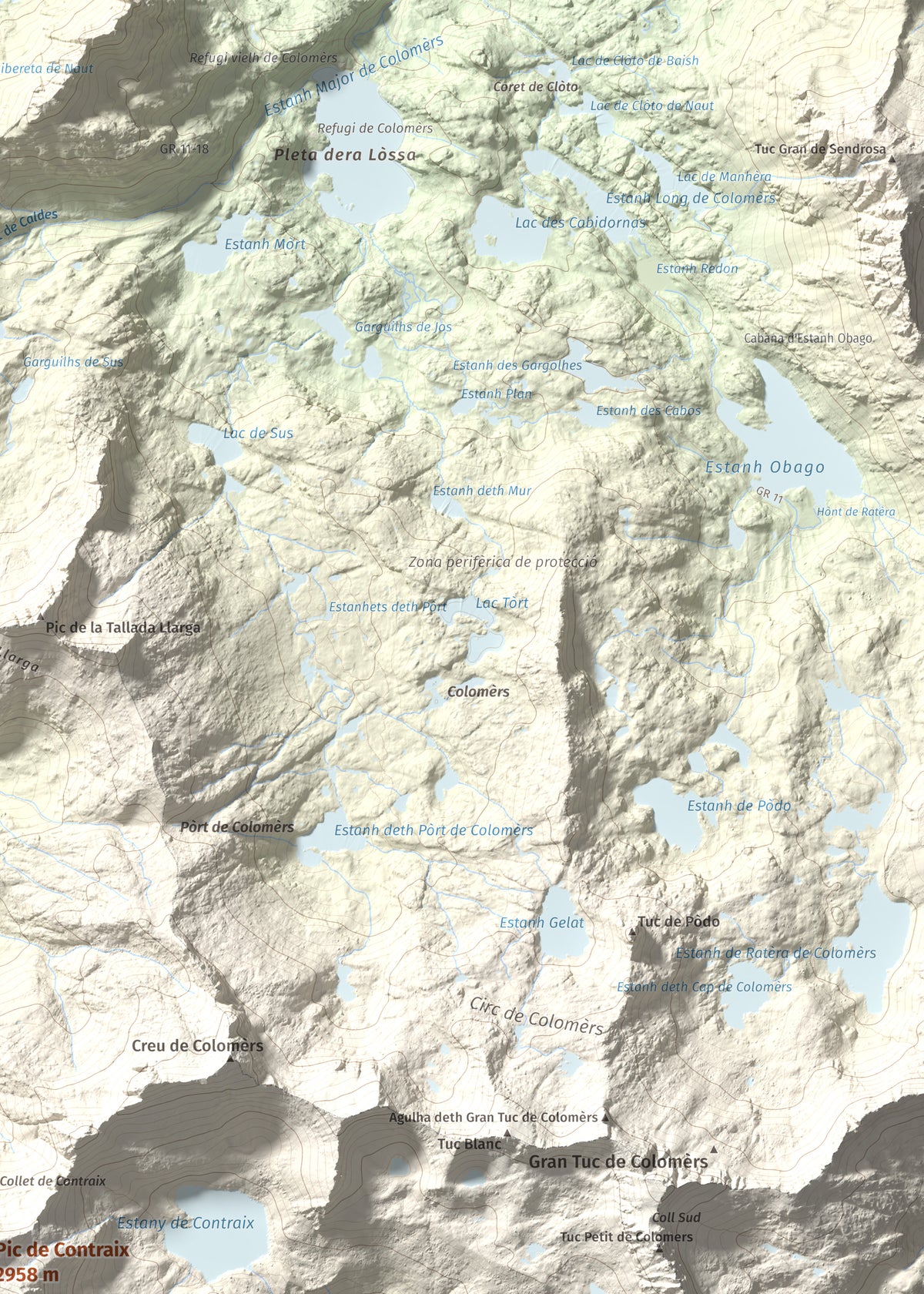 Mapa de relieve de Pic de Contraix, 2958 m, Alta Ribagorça, lámina 100 Cims de Trobart. Detalle de la zona superior derecha. 50 × 70 cm.