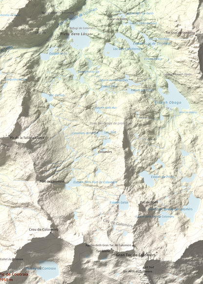 Mapa de relieve de Pic de Contraix, 2958 m, Alta Ribagorça, lámina 100 Cims de Trobart. Detalle de la zona superior derecha. 50 × 70 cm.