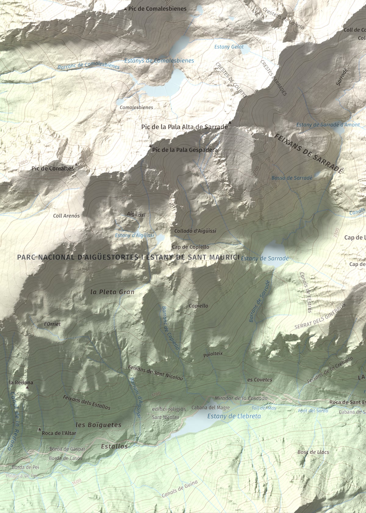 Mapa de relieve de Pic de Contraix, 2958 m, Alta Ribagorça, lámina 100 Cims de Trobart. Detalle de la zona inferior izquierda. 50 × 70 cm.