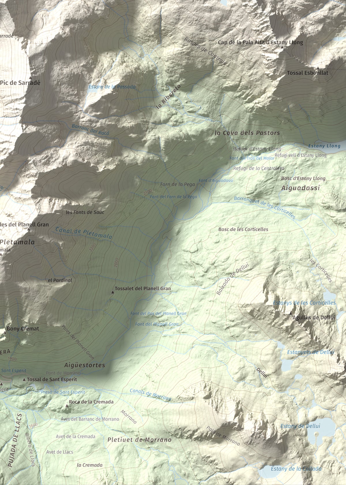 Mapa de relieve de Pic de Contraix, 2958 m, Alta Ribagorça, lámina 100 Cims de Trobart. Detalle de la zona inferior derecha. 50 × 70 cm.