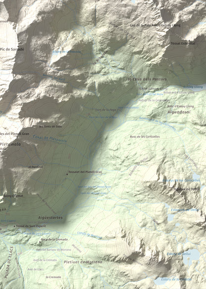 Mapa de relieve de Pic de Contraix, 2958 m, Alta Ribagorça, lámina 100 Cims de Trobart. Detalle de la zona inferior derecha. 50 × 70 cm.