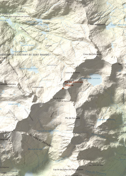 Mapa de relieve de Pic de Contraix, 2958 m, Alta Ribagorça, lámina 100 Cims de Trobart. Detalle de la zona central. 50 × 70 cm.