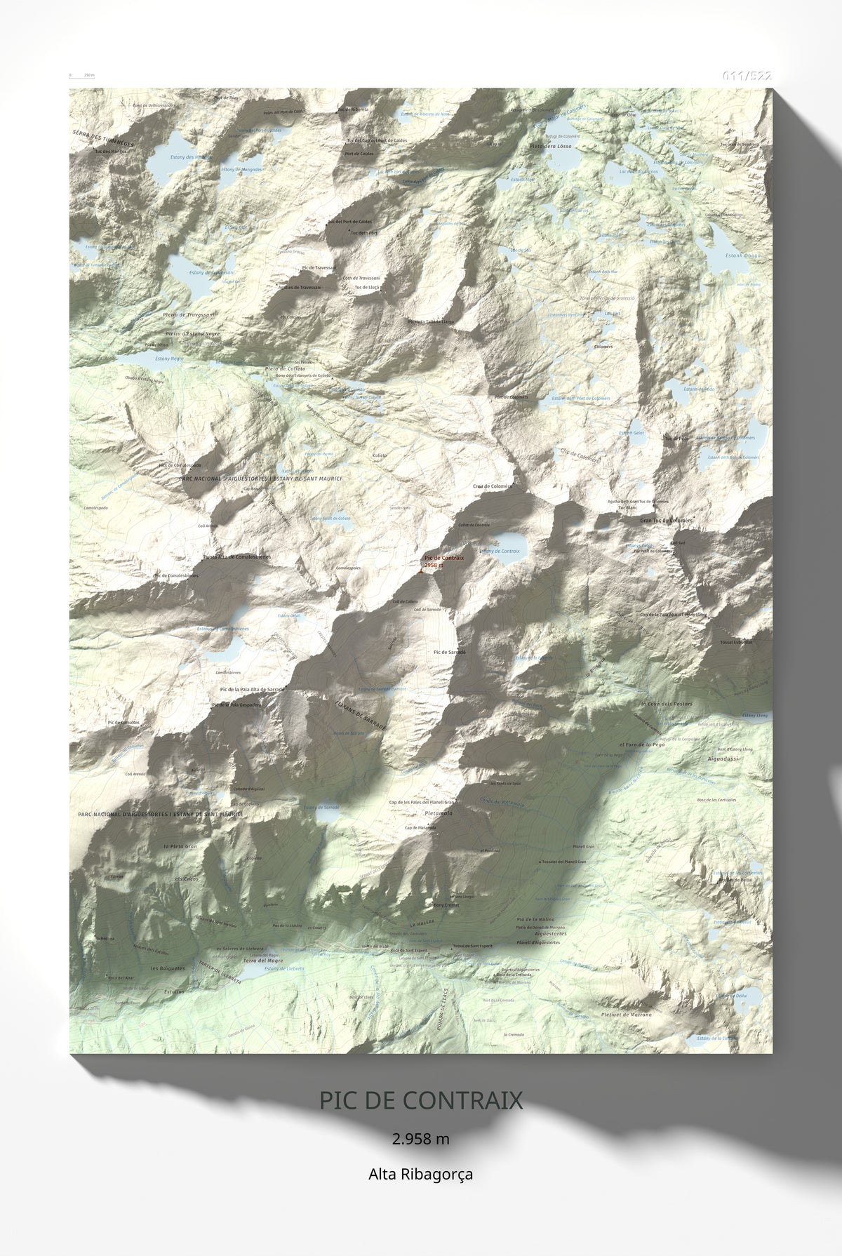 Mapa de relieve de Pic de Contraix, 2958 m, Alta Ribagorça, lámina 100 Cims de Trobart 61 × 91 cm.