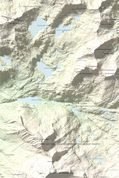 Mapa de relieve de Pic de Contraix, 2958 m, Alta Ribagorça, lámina 100 Cims de Trobart. Detalle de la zona superior izquierda. 61 × 91 cm.