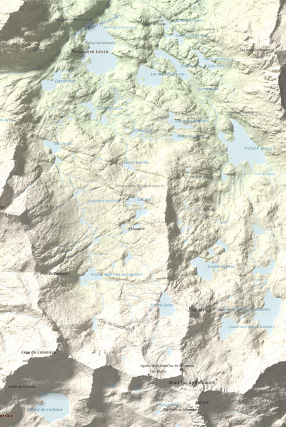 Mapa de relieve de Pic de Contraix, 2958 m, Alta Ribagorça, lámina 100 Cims de Trobart. Detalle de la zona superior derecha. 61 × 91 cm.