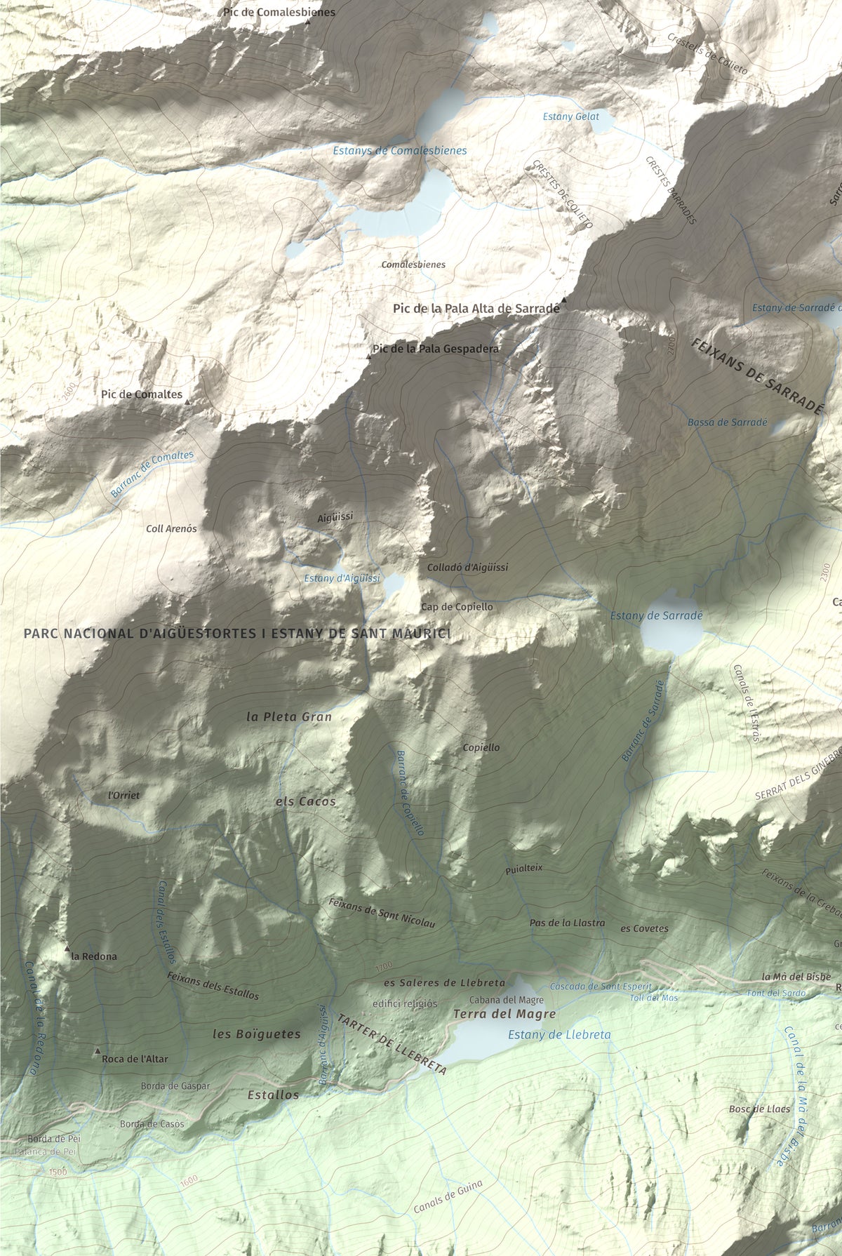 Mapa de relieve de Pic de Contraix, 2958 m, Alta Ribagorça, lámina 100 Cims de Trobart. Detalle de la zona inferior izquierda. 61 × 91 cm.