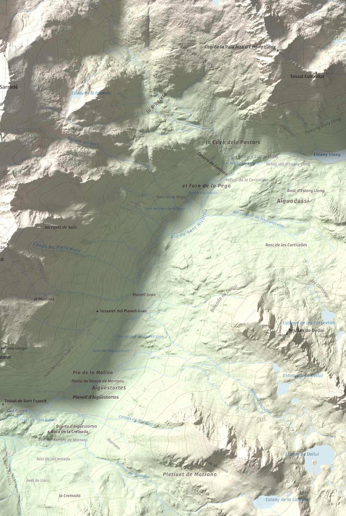 Mapa de relieve de Pic de Contraix, 2958 m, Alta Ribagorça, lámina 100 Cims de Trobart. Detalle de la zona inferior derecha. 61 × 91 cm.