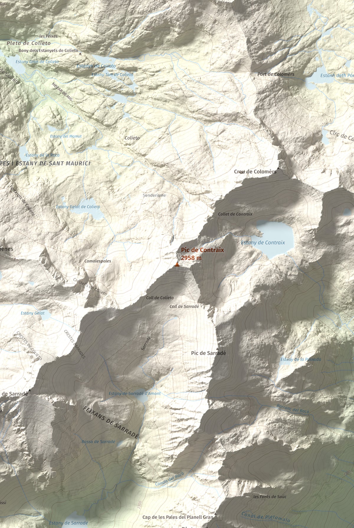 Mapa de relieve de Pic de Contraix, 2958 m, Alta Ribagorça, lámina 100 Cims de Trobart. Detalle de la zona central. 61 × 91 cm.