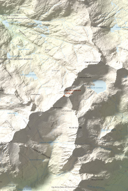 Mapa de relieve de Pic de Contraix, 2958 m, Alta Ribagorça, lámina 100 Cims de Trobart. Detalle de la zona central. 61 × 91 cm.