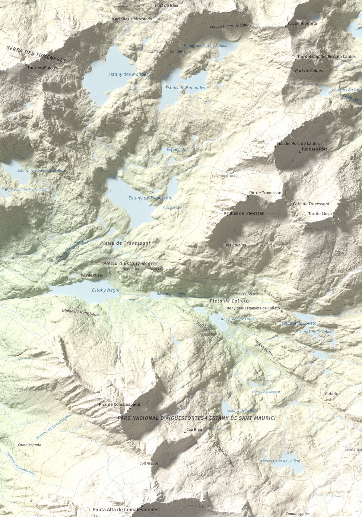 Mapa de relieve de Pic de Contraix, 2958 m, Alta Ribagorça, lámina 100 Cims de Trobart. Detalle de la zona superior izquierda. 70 × 100 cm.