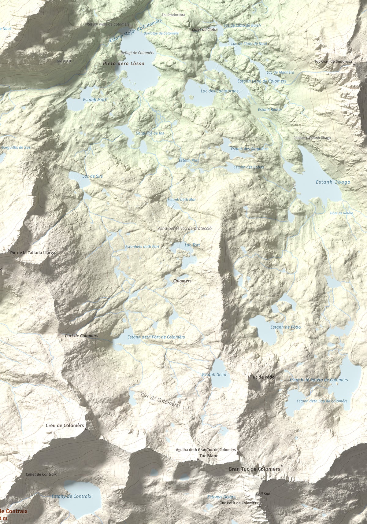 Mapa de relieve de Pic de Contraix, 2958 m, Alta Ribagorça, lámina 100 Cims de Trobart. Detalle de la zona superior derecha. 70 × 100 cm.