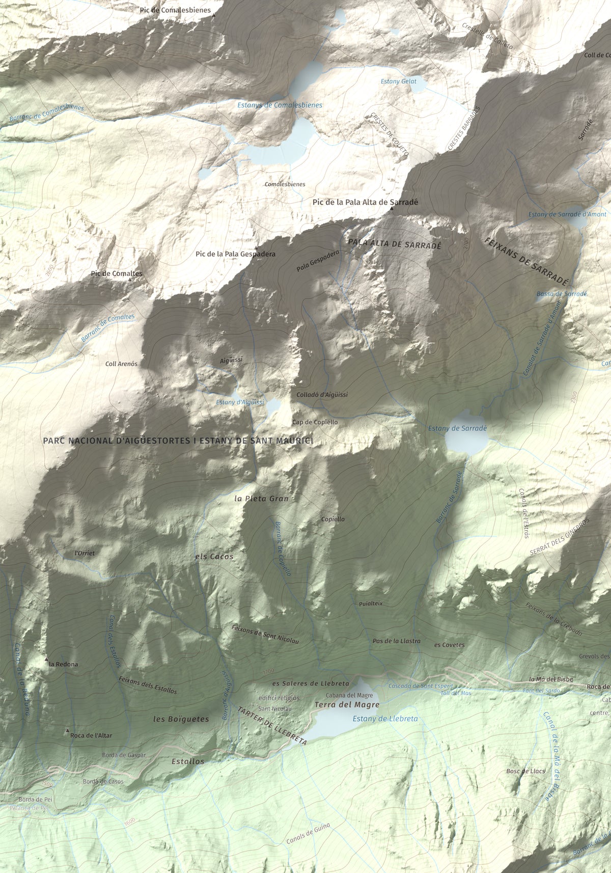 Mapa de relieve de Pic de Contraix, 2958 m, Alta Ribagorça, lámina 100 Cims de Trobart. Detalle de la zona inferior izquierda. 70 × 100 cm.